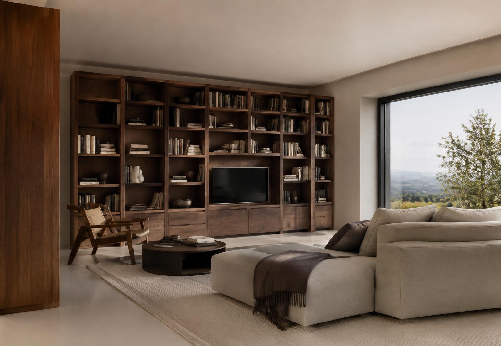 Soggiorno con libreria in legno scuro e divano in lino